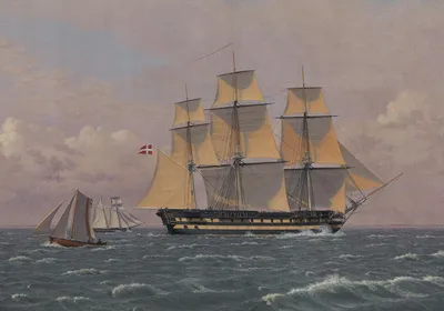Image of The 84-Gun Danish Warship "Dronning Marie" in the Sound by Christoffer Wilhelm Eckersberg, a painting that depicts one large and two small Danish ships in the sea. Image of The 84-Gun Danish Warship "Dronning Marie" in the Sound by Christoffer Wilhelm Eckersberg, a painting that depicts one large and two small Danish ships in the sea.